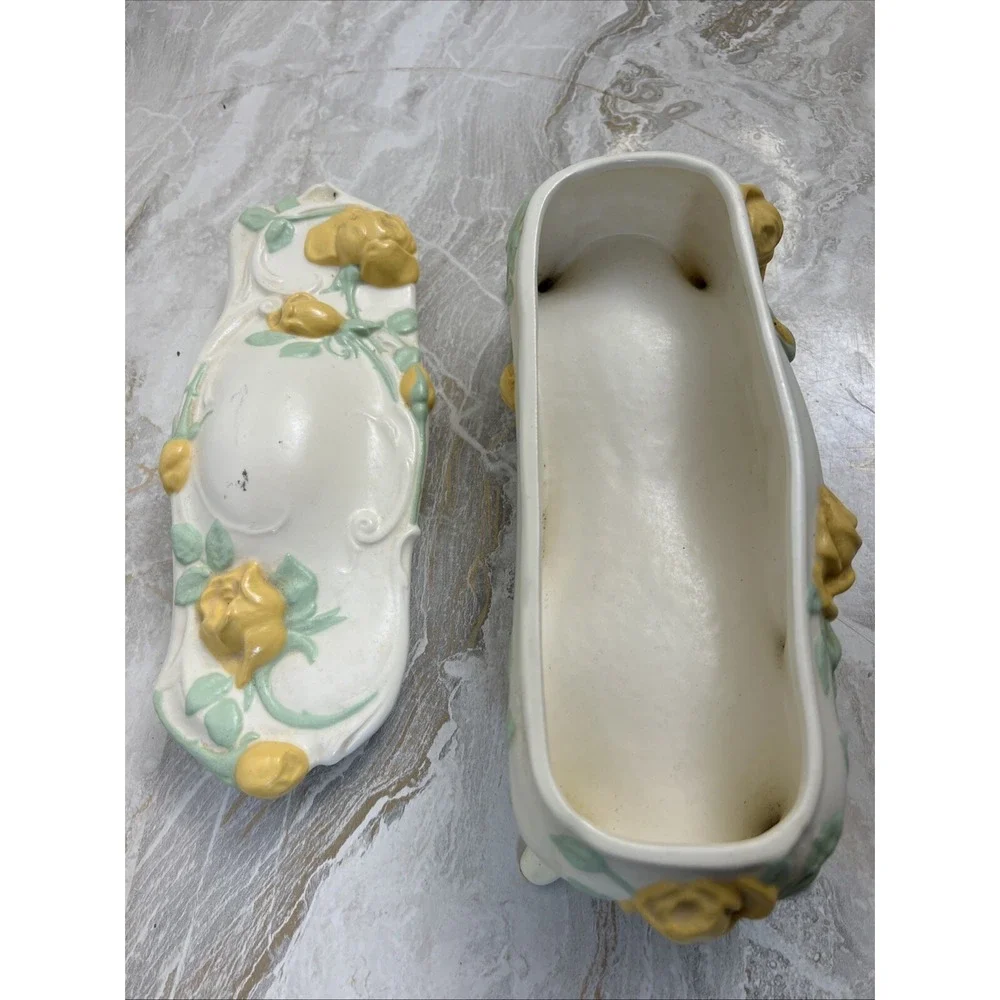 Antique Victorian Porcelain Yellow Rose Jewelry/Trinket Storage Box